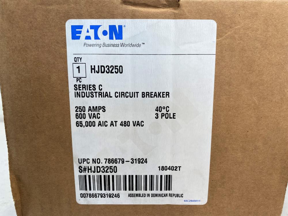 EATON HJD 65K Circuit Breaker 250 Amp, 3 Pole, 600VAC, HJD3250F